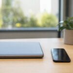 Notebook e smartphone sobre mesa com cadeado metálico representando segurança nos canais oficiais da Bemol, em composição horizontal sem pessoas.