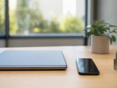 Notebook e smartphone sobre mesa com cadeado metálico representando segurança nos canais oficiais da Bemol, em composição horizontal sem pessoas.