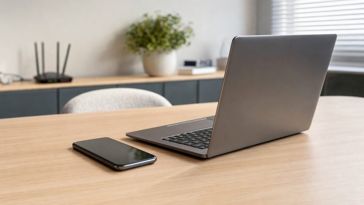 Smartphone e notebook sobre mesa de madeira em ambiente doméstico, representando canais digitais de atendimento.