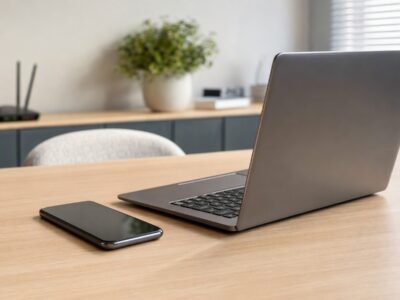 Smartphone e notebook sobre mesa de madeira em ambiente doméstico, representando canais digitais de atendimento.