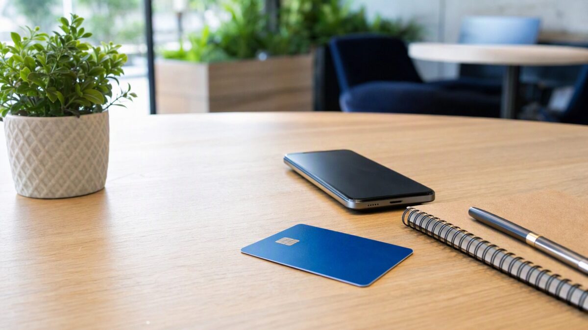 Cartão de plástico azul sem marca visível sobre mesa de madeira, ao lado de caderno, caneta e smartphone, em cenário de organização financeira.