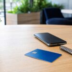 Cartão de plástico azul sem marca visível sobre mesa de madeira, ao lado de caderno, caneta e smartphone, em cenário de organização financeira.