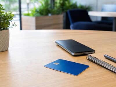 Cartão de plástico azul sem marca visível sobre mesa de madeira, ao lado de caderno, caneta e smartphone, em cenário de organização financeira.