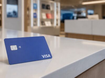 Cartão azul genérico sobre balcão de loja, em composição horizontal e sem pessoas.