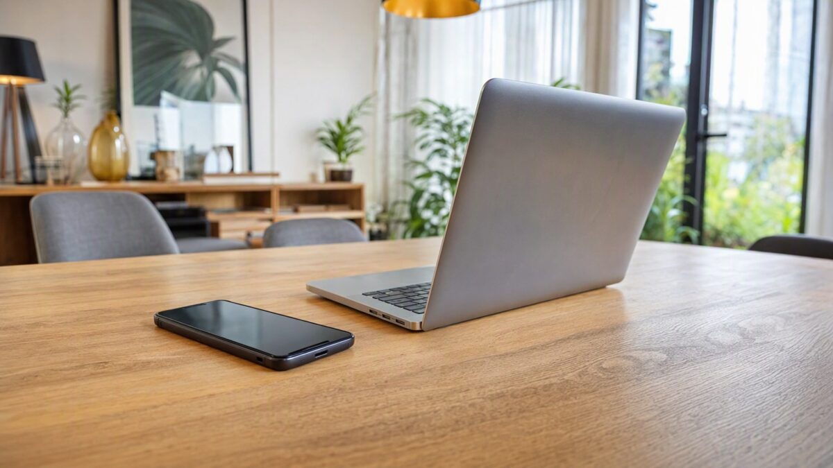 Smartphone e notebook sobre mesa de madeira em ambiente interno iluminado, representando compras online sem pessoas.