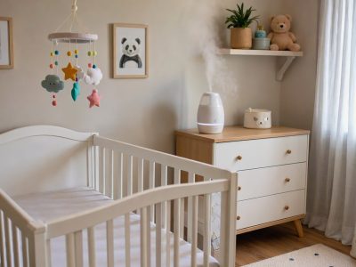 Quarto de bebê com berço, móbile e umidificador de ar liberando névoa suave, ambiente claro e arejado.