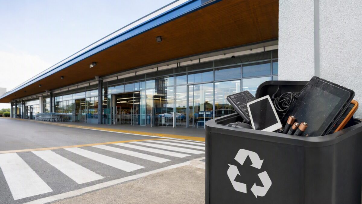 Caixa de coleta de resíduos eletrônicos com cabos, celulares e pilhas em ambiente de loja, sem pessoas.