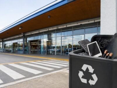 Caixa de coleta de resíduos eletrônicos com cabos, celulares e pilhas em ambiente de loja, sem pessoas.
