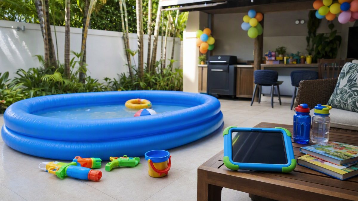Quintal tropical com piscina inflável azul, tablet infantil em mesa e decoração de festa sem pessoas.