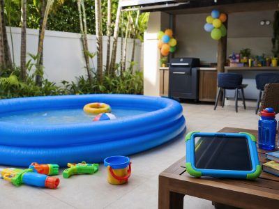 Quintal tropical com piscina inflável azul, tablet infantil em mesa e decoração de festa sem pessoas.
