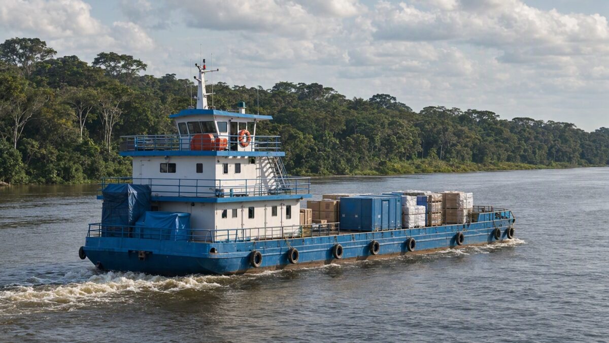 Embarcação de carga transportando mercadorias em rio amazônico, representando a logística fluvial de entregas no interior do Amazonas.