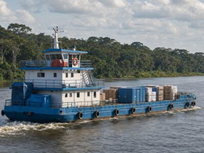 Embarcação de carga transportando mercadorias em rio amazônico, representando a logística fluvial de entregas no interior do Amazonas.