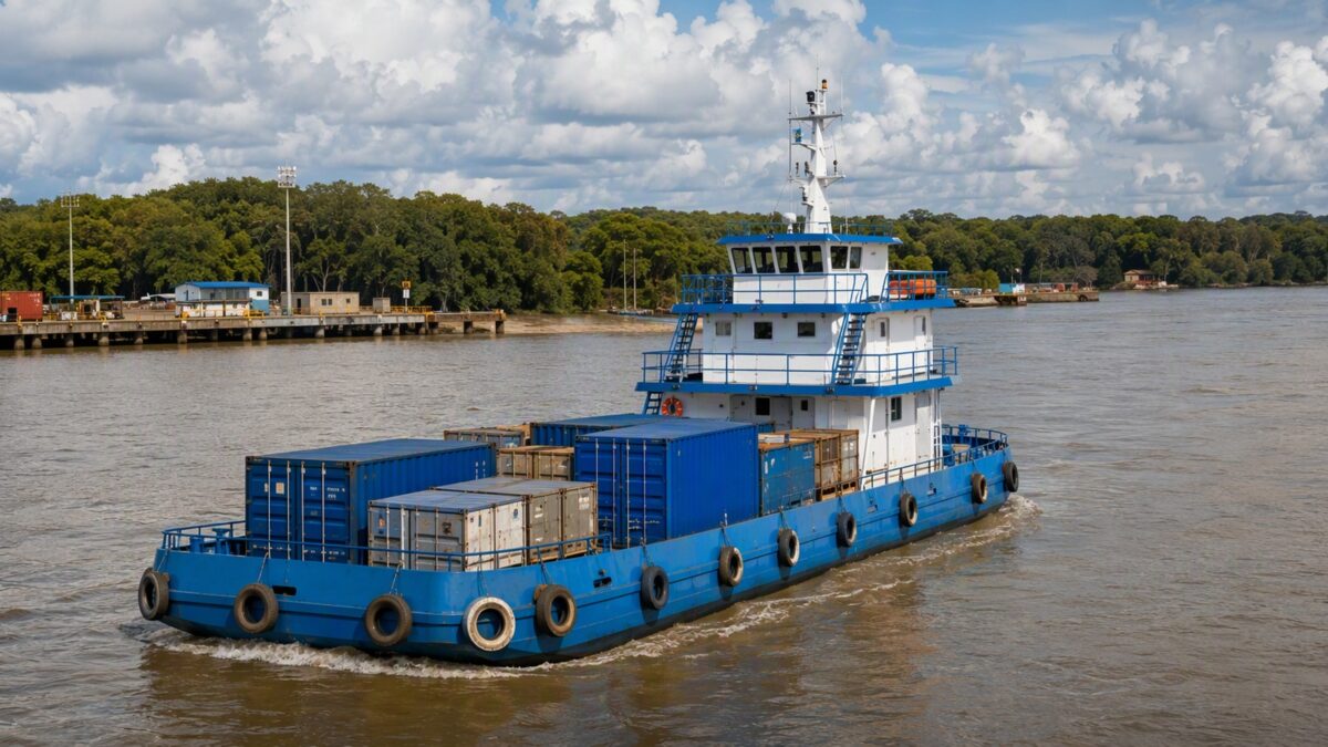 Embarcação de carga com volumes no convés navegando em rio amazônico, margens com vegetação ao fundo.