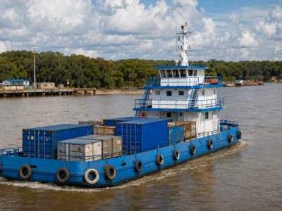 Embarcação de carga com volumes no convés navegando em rio amazônico, margens com vegetação ao fundo.