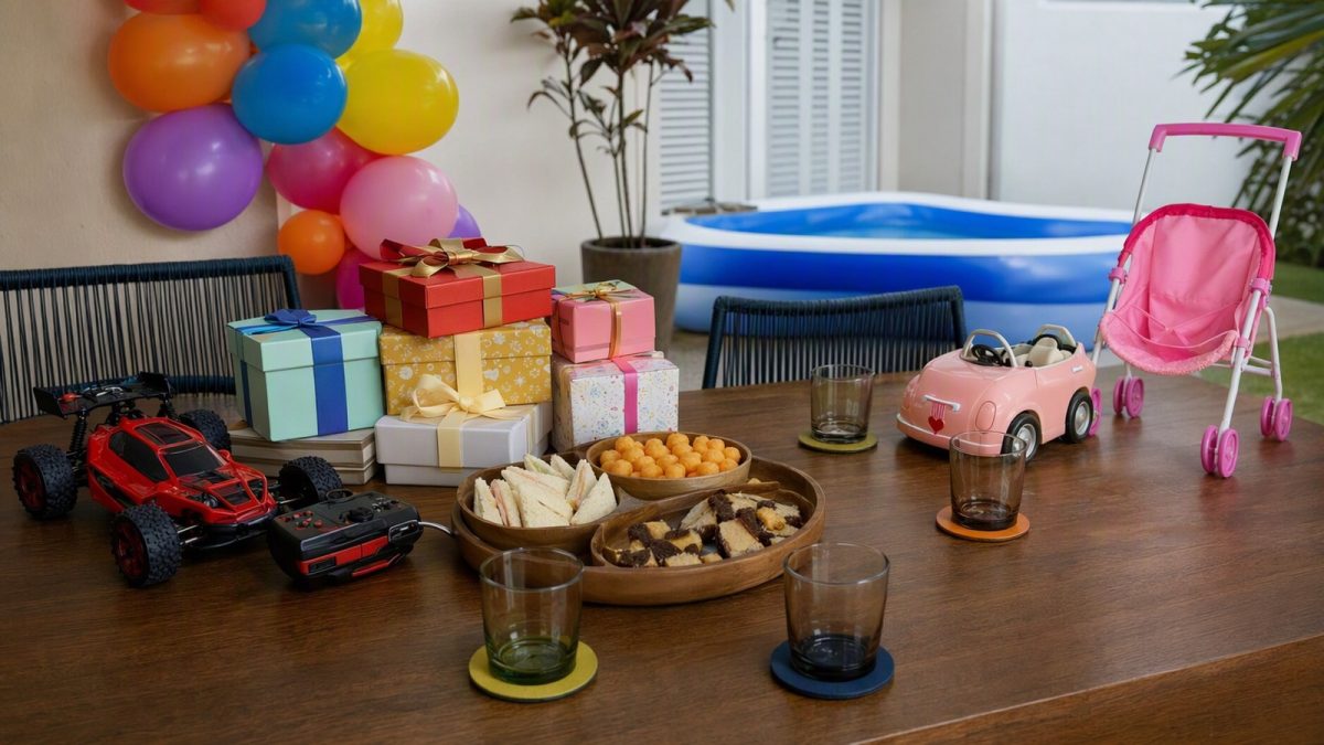 Mesa decorada para festa de Dia das Crianças em casa com brinquedos, presentes e lanches, sem pessoas.