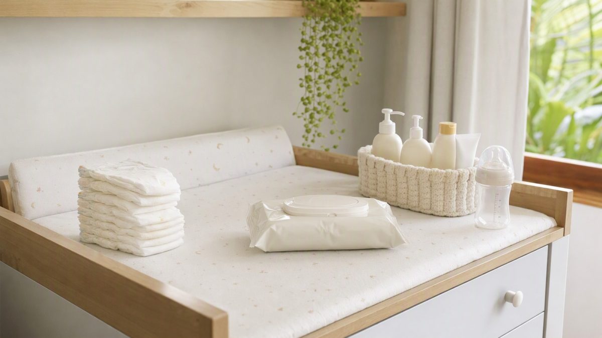 Itens de higiene do bebê organizados sobre um trocador: fraldas, lenços, pomada, sabonete, shampoo e mamadeira em ambiente doméstico iluminado.