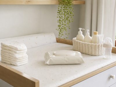 Itens de higiene do bebê organizados sobre um trocador: fraldas, lenços, pomada, sabonete, shampoo e mamadeira em ambiente doméstico iluminado.