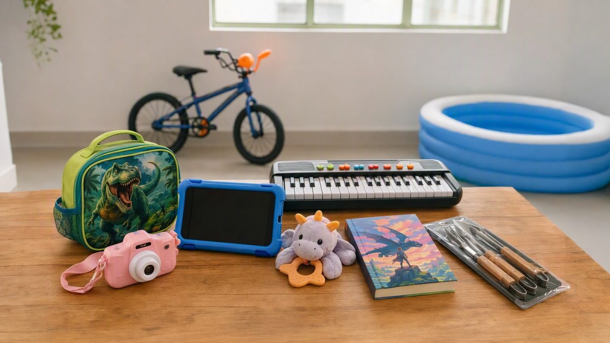 Objetos de presentes do Dia das Crianças dispostos em ambiente doméstico arejado, incluindo bicicleta infantil, teclado, tablet, lancheira, câmera infantil, pelúcia, piscina inflável, livro e utensílios de churrasco, sem pessoas.