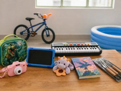 Objetos de presentes do Dia das Crianças dispostos em ambiente doméstico arejado, incluindo bicicleta infantil, teclado, tablet, lancheira, câmera infantil, pelúcia, piscina inflável, livro e utensílios de churrasco, sem pessoas.