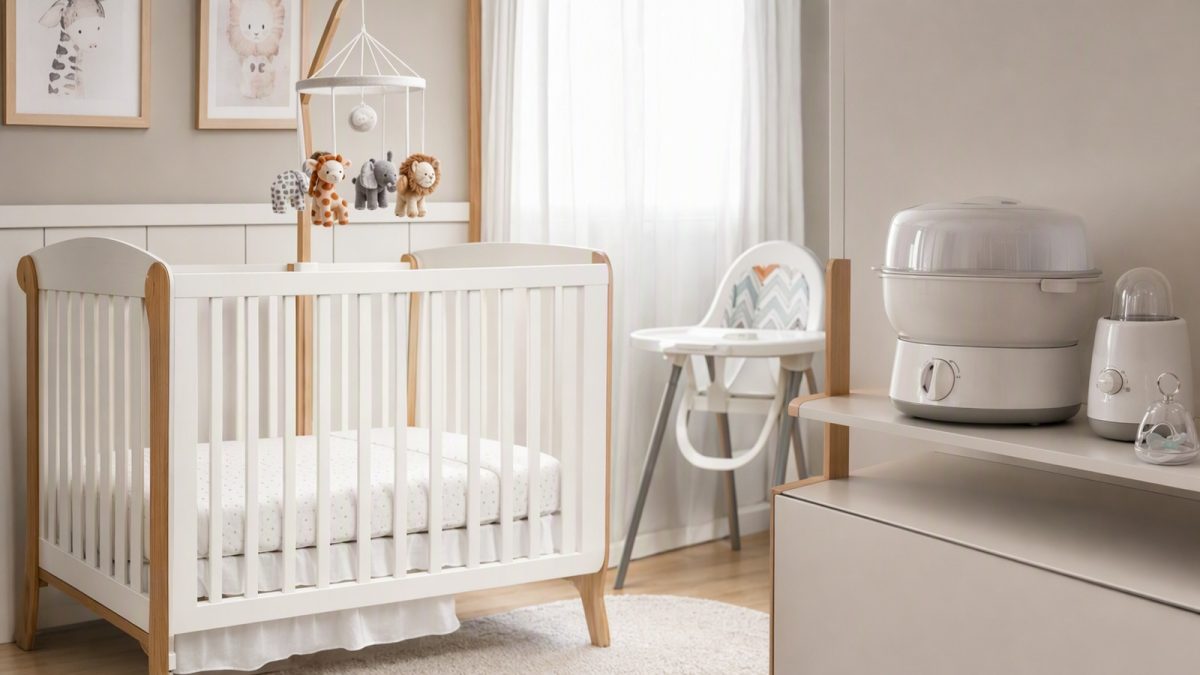 Quarto de bebê organizado com berço, móbile, esterilizador, aquecedor de mamadeiras, porta-chupeta e cadeira de alimentação, sem pessoas.