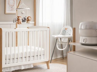 Quarto de bebê organizado com berço, móbile, esterilizador, aquecedor de mamadeiras, porta-chupeta e cadeira de alimentação, sem pessoas.