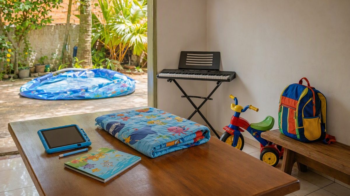 Objetos para kits de presente do Dia das Crianças arrumados em casa: piscina inflável, triciclo, mochila, teclado musical, tablet com capa infantil, livro e colcha, sem pessoas.