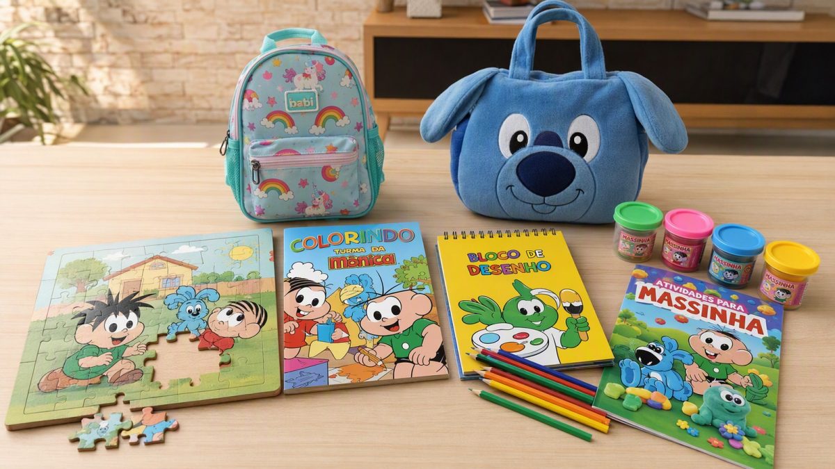 Mesa com lembrancinhas do Dia das Crianças: quebra-cabeça, livro de colorir, kit de desenho, livro de atividades para massinha, mochila e bolsa plush.