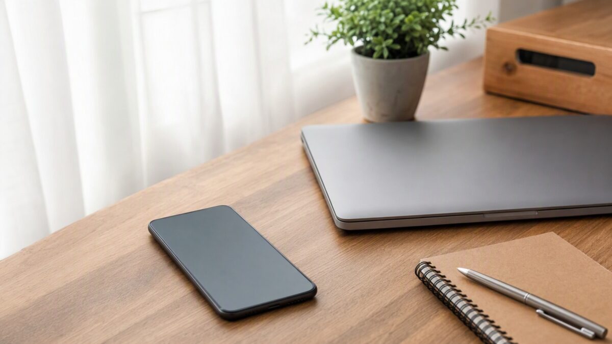 Smartphone sobre mesa com notebook e caderno, em ambiente organizado, representando consulta de pagamentos on-line com segurança.