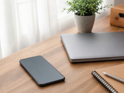 Smartphone sobre mesa com notebook e caderno, em ambiente organizado, representando consulta de pagamentos on-line com segurança.