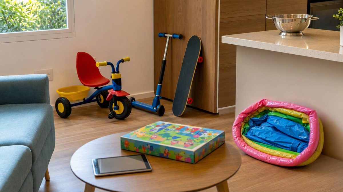 Objetos de presentes de Dia das Crianças em uma sala: triciclo, patinete, skate, tablet, jogo de tabuleiro, utensílio de cozinha e piscina inflável dobrada, sem pessoas.