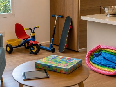 Objetos de presentes de Dia das Crianças em uma sala: triciclo, patinete, skate, tablet, jogo de tabuleiro, utensílio de cozinha e piscina inflável dobrada, sem pessoas.