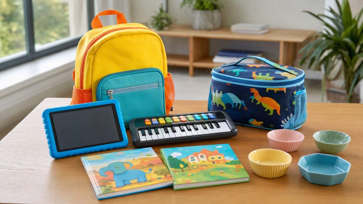Mesa com tablet infantil, teclado infantil, livros, mochila, lancheira e tigelas de sobremesa, representando presentes educativos para o Dia das Crianças.