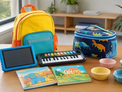 Mesa com tablet infantil, teclado infantil, livros, mochila, lancheira e tigelas de sobremesa, representando presentes educativos para o Dia das Crianças.
