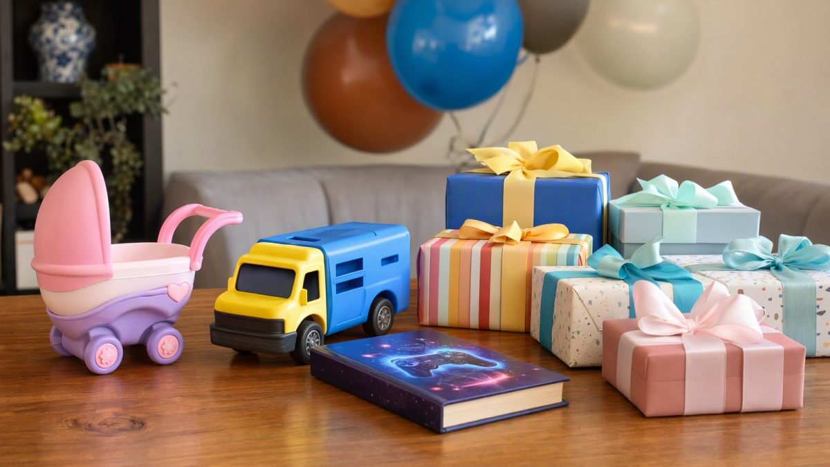 Brinquedos e caixas de presente coloridas sobre uma mesa com balões ao fundo, sem pessoas.