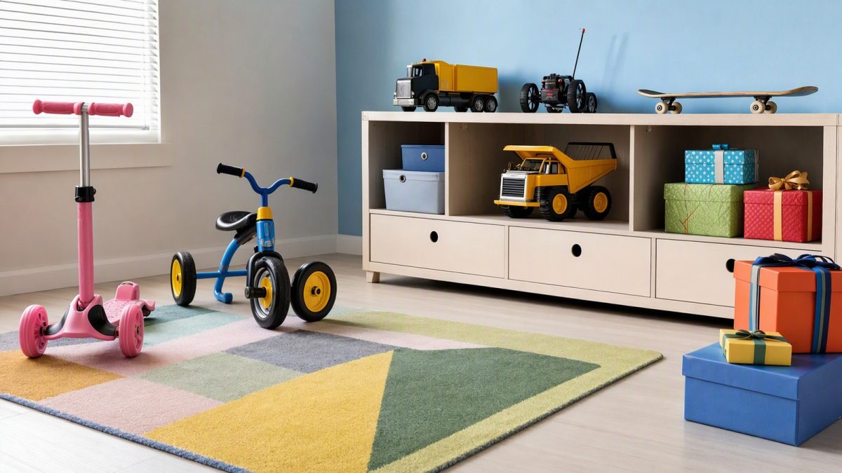 Sala infantil com patinete, triciclo, carrinho de controle remoto, skate e caixas de presente para o Dia das Crianças.