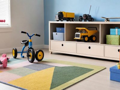 Sala infantil com patinete, triciclo, carrinho de controle remoto, skate e caixas de presente para o Dia das Crianças.