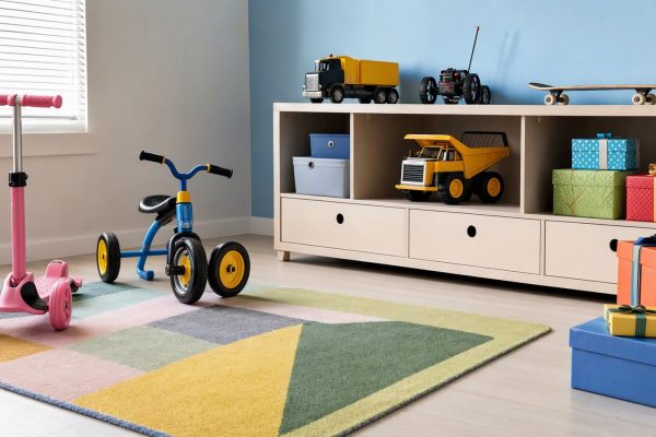 Sala infantil com patinete, triciclo, carrinho de controle remoto, skate e caixas de presente para o Dia das Crianças.