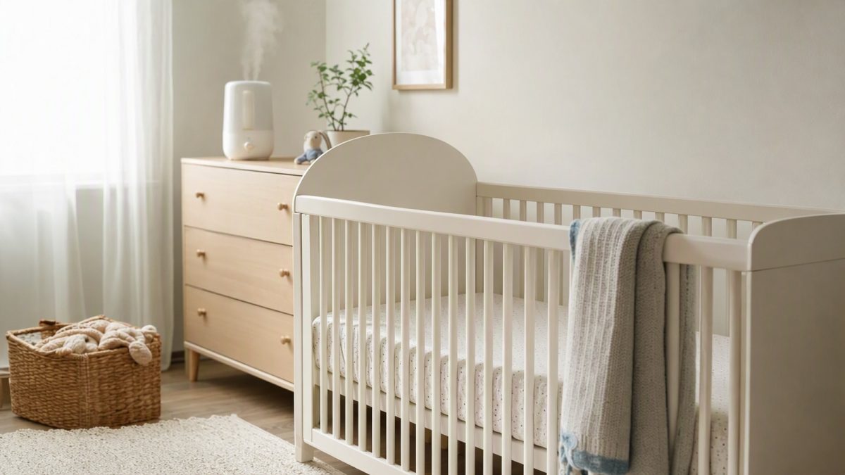 Quarto de bebê ventilado com berço, roupa de cama leve e umidificador sobre a cômoda.