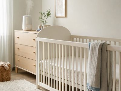 Quarto de bebê ventilado com berço, roupa de cama leve e umidificador sobre a cômoda.