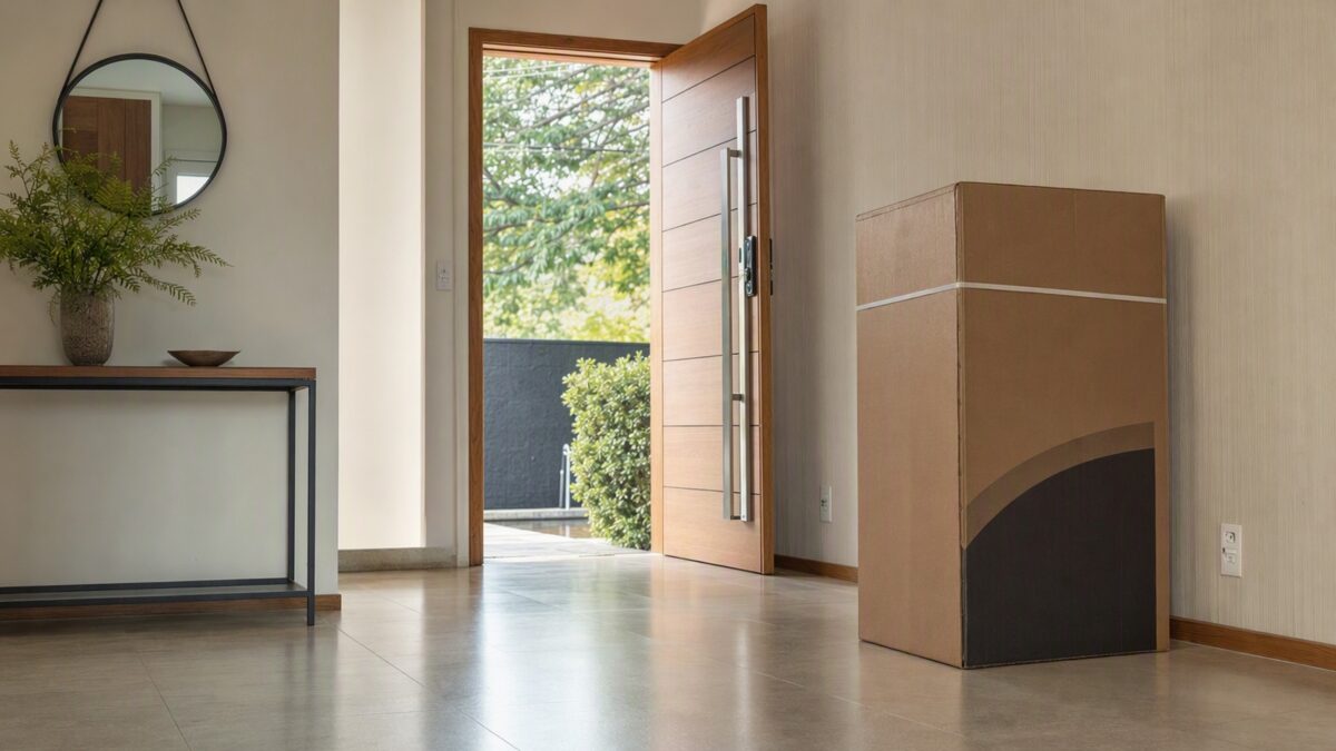 Corredor residencial com porta aberta e grande caixa de eletrodoméstico posicionada próxima ao vão, ambiente preparado para receber produto grande, sem pessoas.