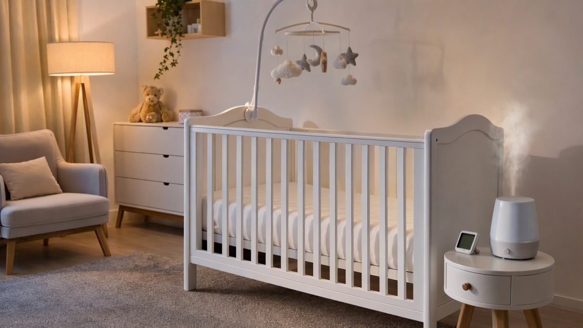 Quarto de bebê organizado com berço, lençol claro, móbile e umidificador, sem pessoas.