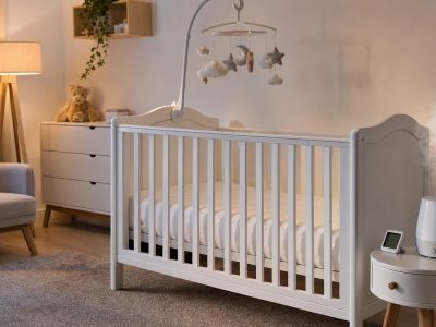 Quarto de bebê organizado com berço, lençol claro, móbile e umidificador, sem pessoas.