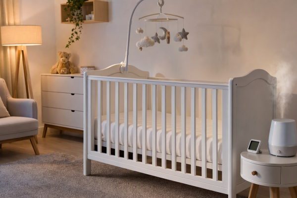 Quarto de bebê organizado com berço, lençol claro, móbile e umidificador, sem pessoas.