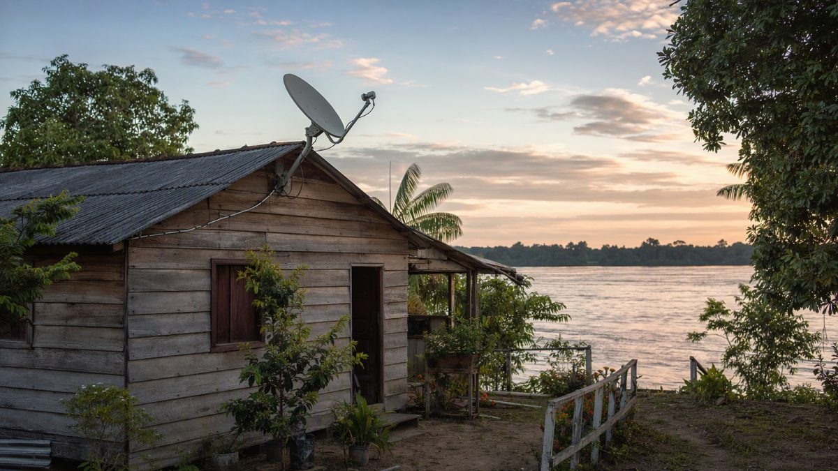 Casa ribeirinha na Amazônia com antena de satélite no telhado e cabos organizados, ao lado de plantas em um quintal.