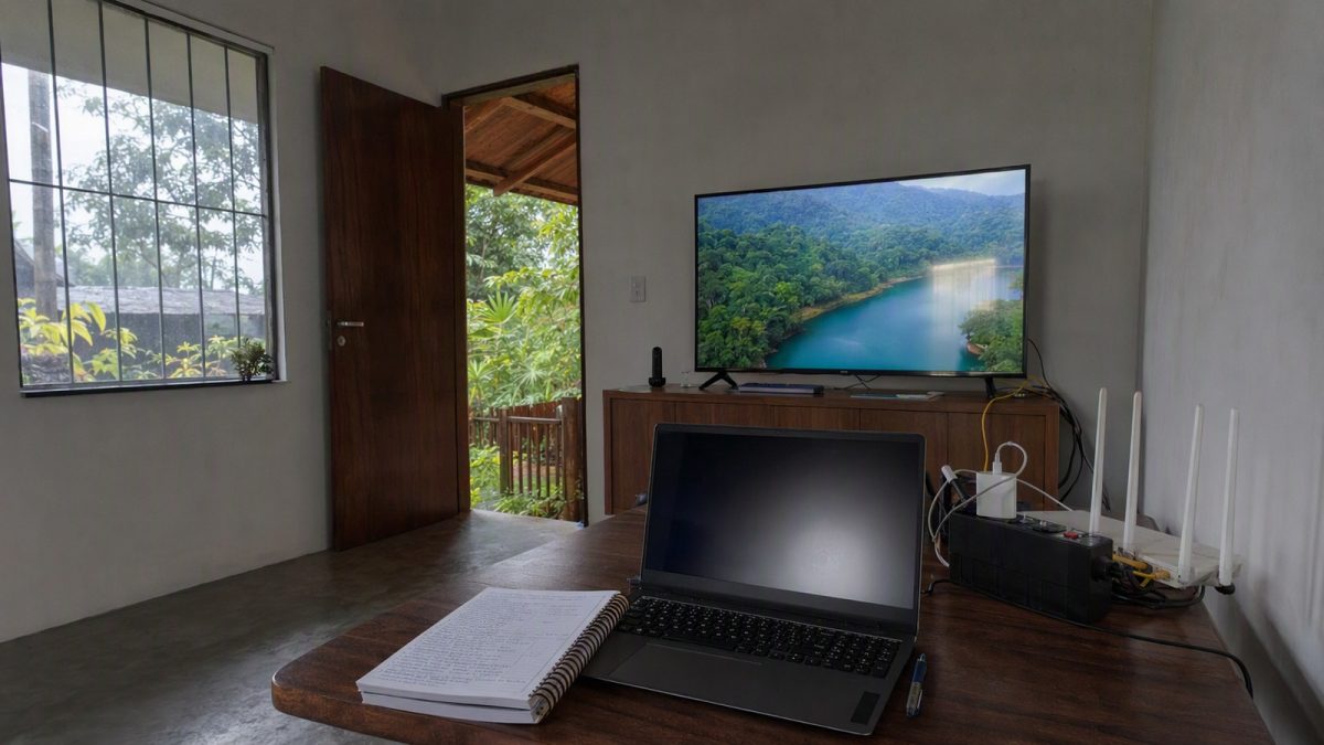 Espaço de estudo com TV exibindo aula online, mesa organizada e chuva vista pela janela, pensado para uso de Starlink na Região Norte.