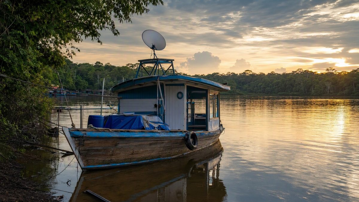 Barco de madeira no rio amazônico com antena de internet satelital instalada no convés.