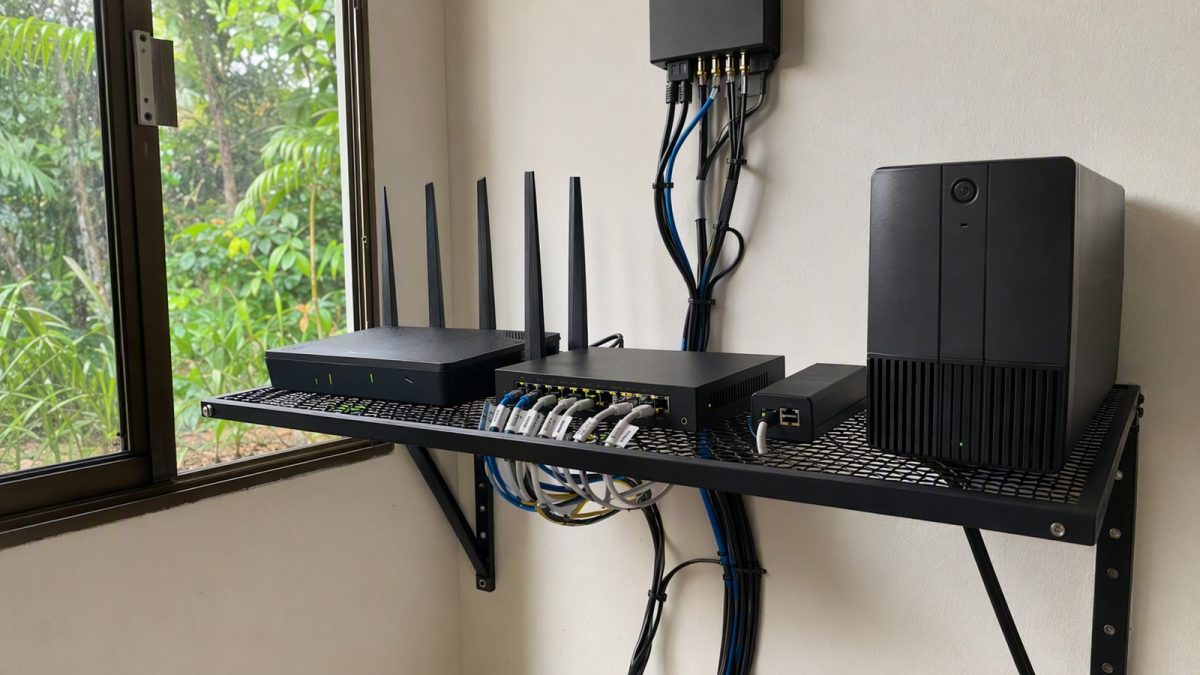 Prateleira com roteador, switch gigabit, nobreak e injetor PoE organizados para redundância com Starlink.