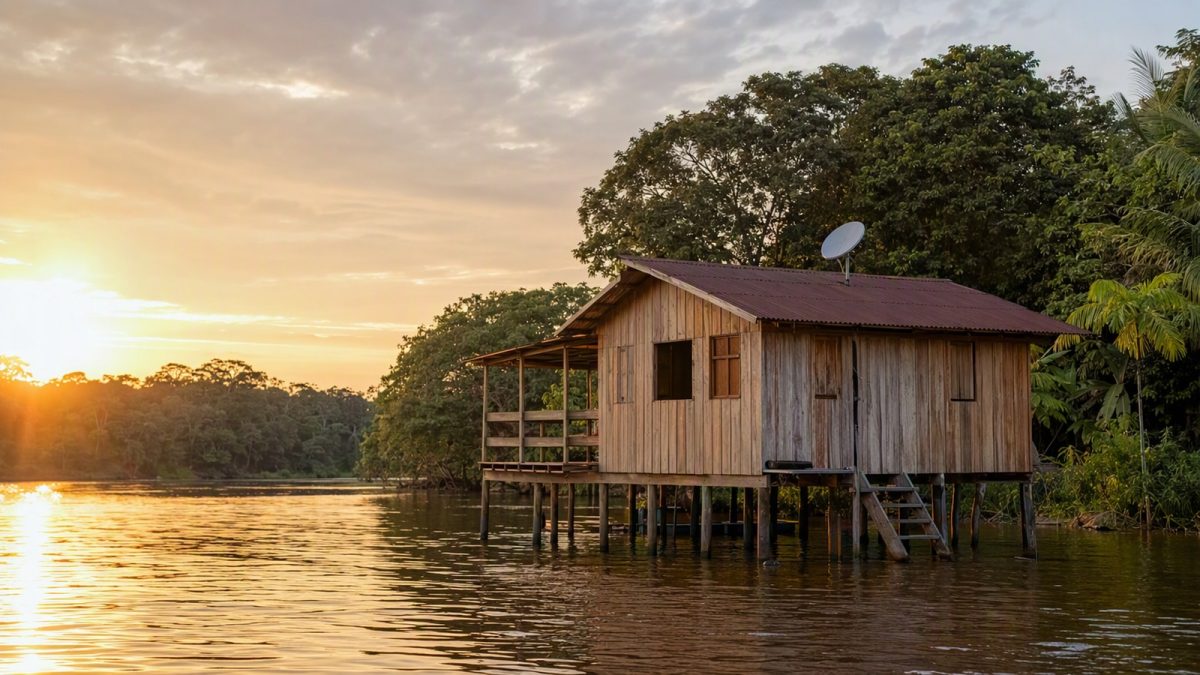Antena de internet via satélite instalada no telhado de casa ribeirinha na Amazônia, ao entardecer.