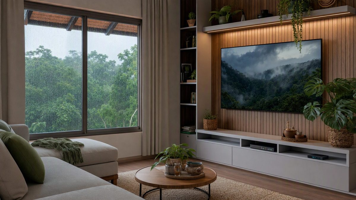 Sala de estar com TV 4K e roteador, preparada para streaming via Starlink com Wi‑Fi e energia protegida.