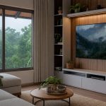 Sala de estar com TV 4K e roteador, preparada para streaming via Starlink com Wi‑Fi e energia protegida.